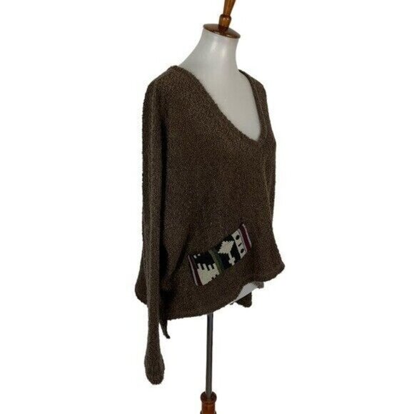 Altar’d State Cozy Boho Brown Fuzzy Knit Sweater Aztec Pockets V Neck Pullover S - Picture 3 of 6